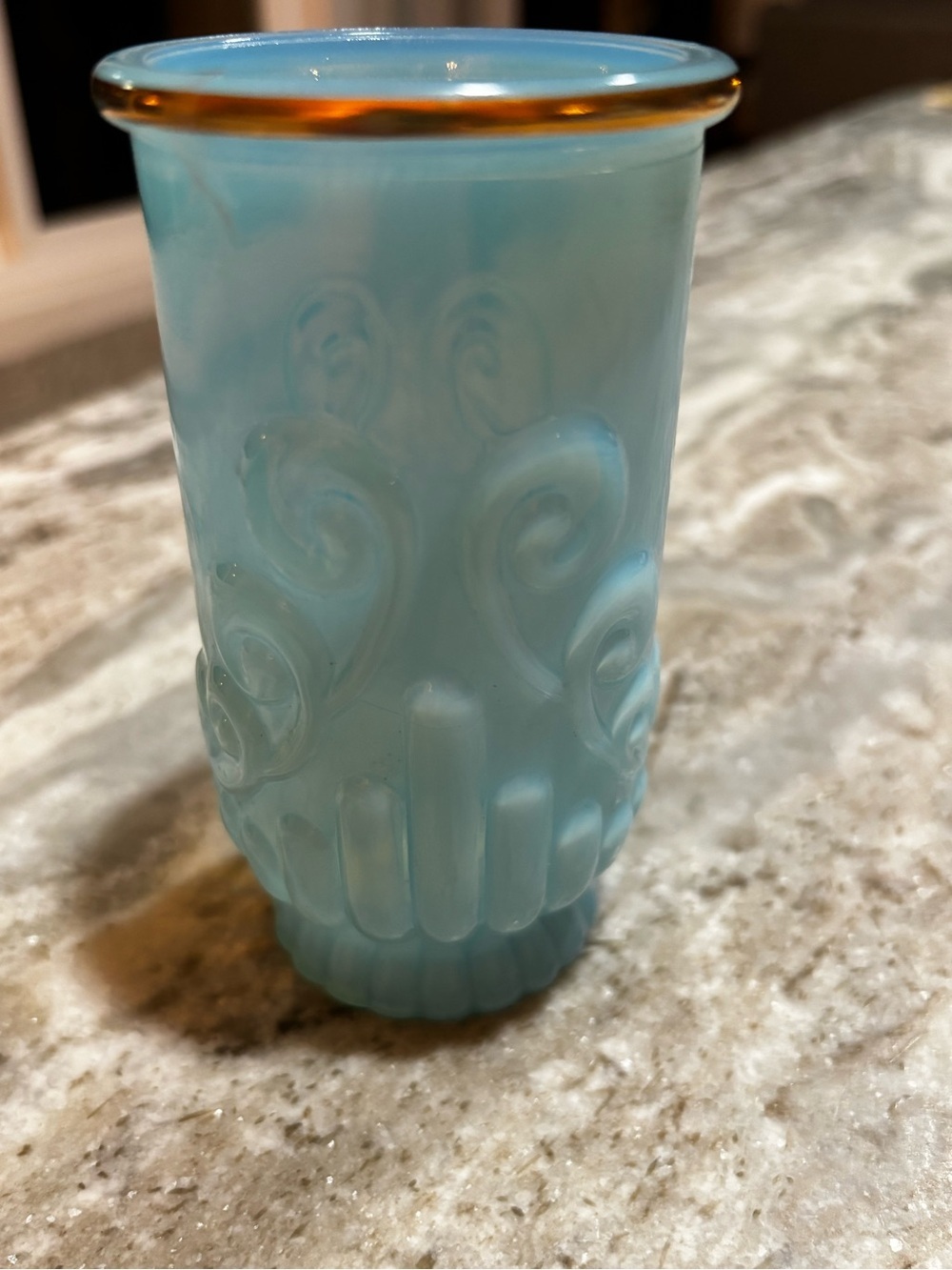 Vintage Avon Blue Satin Glass Tumbler w/ Gold Rim – Embossed Scroll - Picture 4 of 4